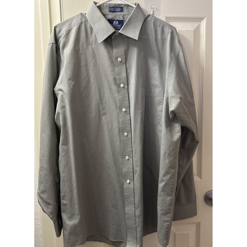 Stafford Wrinkle Free Dress Shirt Mens 17.5 36/37 Green Stripe Broadcloth Button